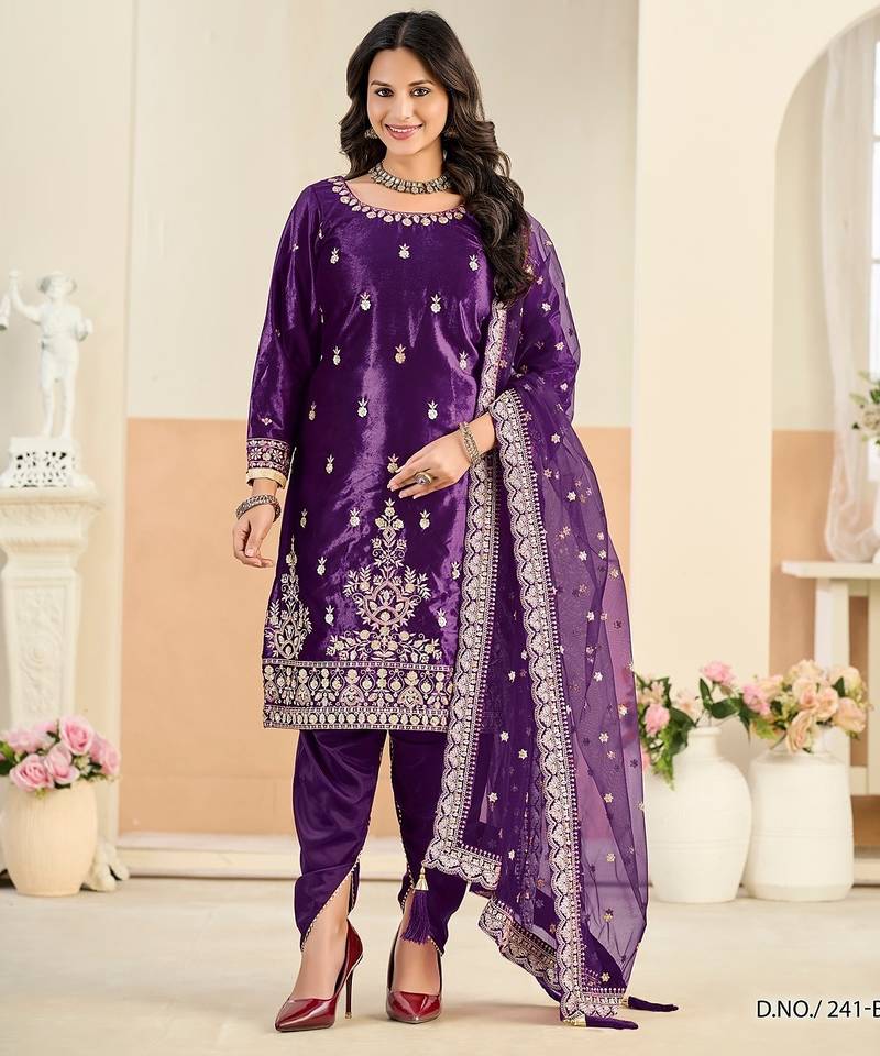 Purple velvet sequins work salwar suits free size up to 42