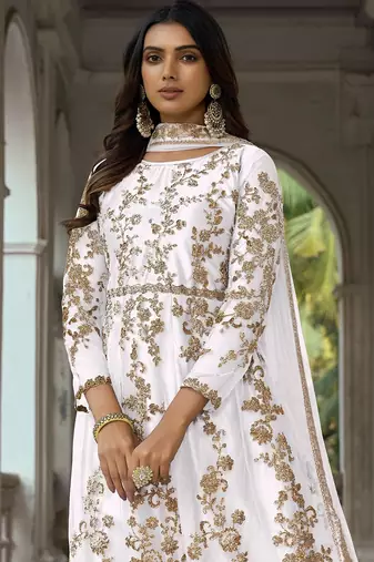 White net stone work semi stitched salwar suits suits size up to 42