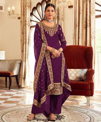 Purple art silk stone work semi stitched salwar suits suits size up to 42 1