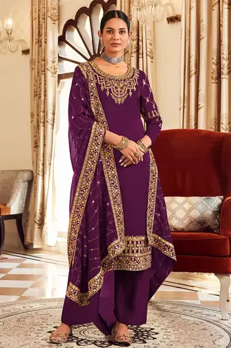 Purple art silk stone work semi stitched salwar suits suits size up to 42