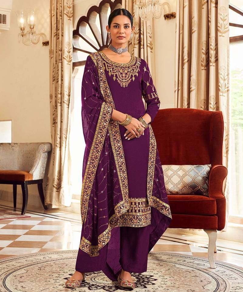 Purple art silk stone work semi stitched salwar suits suits size up to 42