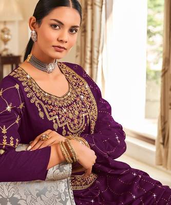 Purple art silk stone work semi stitched salwar suits suits size up to 42 2