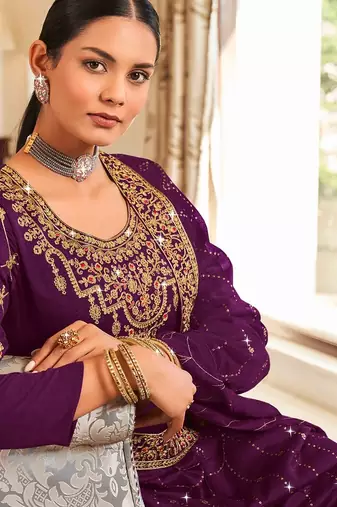 Purple art silk stone work semi stitched salwar suits suits size up to 42