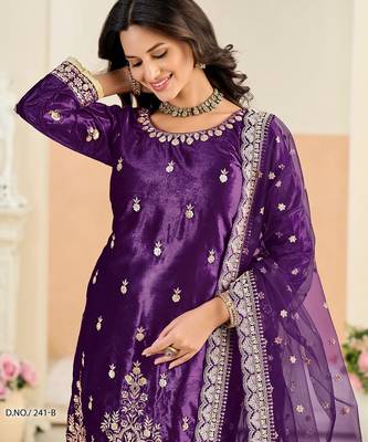 Purple velvet sequins work salwar suits free size up to 42 2