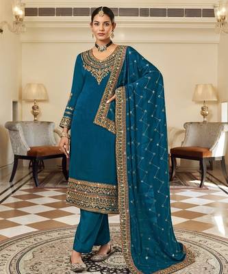 Teal blue art silk stone work semi stitched salwar suits suits size up to 42 1
