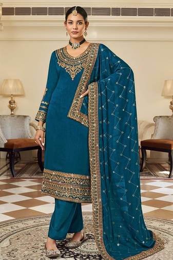 Teal blue art silk stone work semi stitched salwar suits suits size up to 42