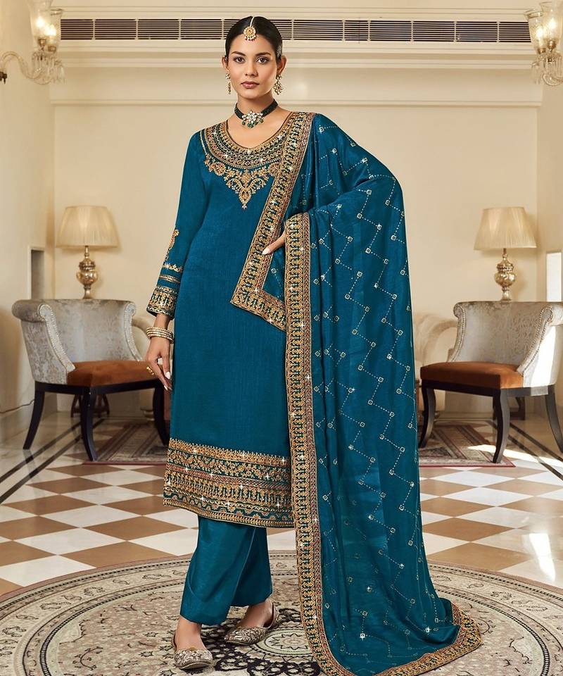 Teal blue art silk stone work semi stitched salwar suits suits size up to 42