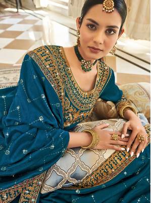 Teal blue art silk stone work semi stitched salwar suits suits size up to 42 2