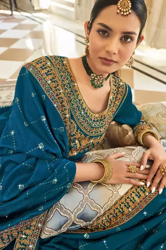 Teal blue art silk stone work semi stitched salwar suits suits size up to 42