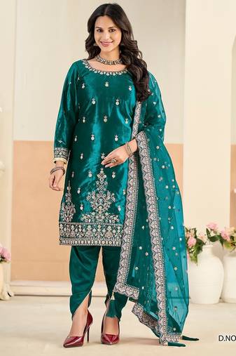 Turquoise velvet sequins work salwar suits free size up to 42