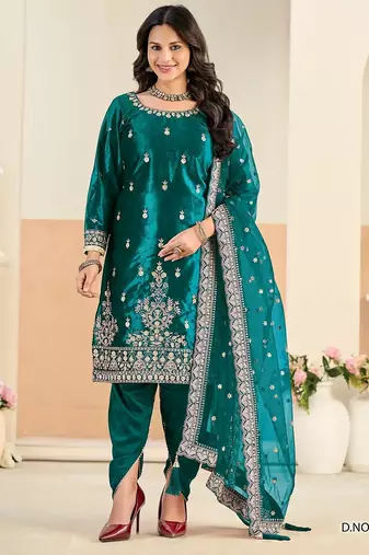 Turquoise velvet sequins work salwar suits free size up to 42