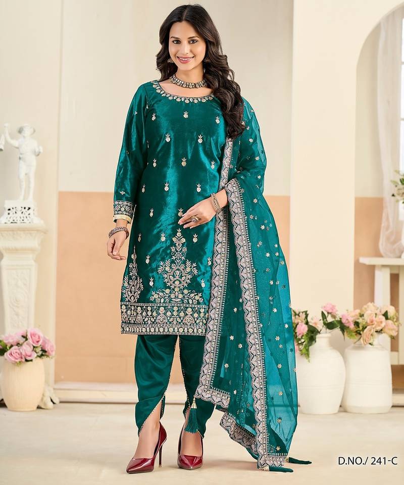 Turquoise velvet sequins work salwar suits free size up to 42