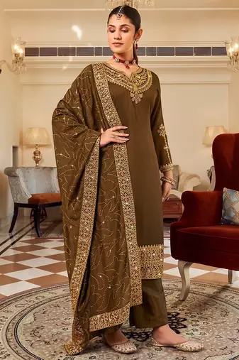 Brown art silk stone work semi stitched salwar suits suits size up to 42