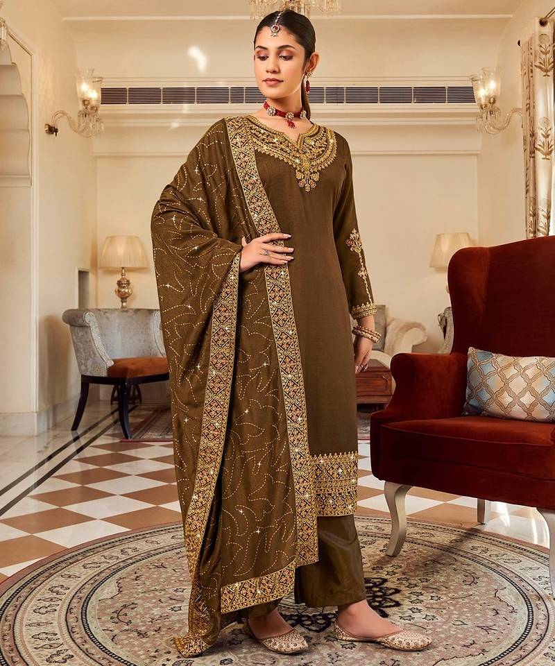 Brown art silk stone work semi stitched salwar suits suits size up to 42