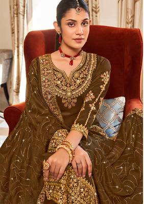 Brown art silk stone work semi stitched salwar suits suits size up to 42 2