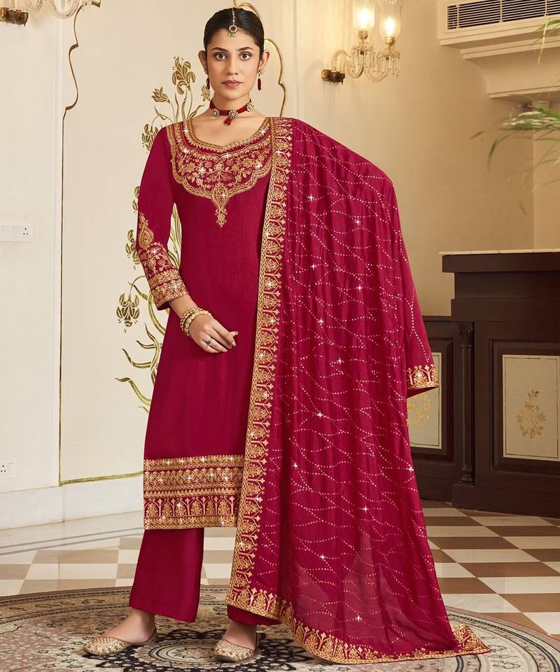 Pink art silk stone work semi stitched salwar suits suits size up to 42