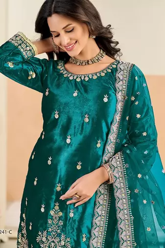 Turquoise velvet sequins work salwar suits free size up to 42