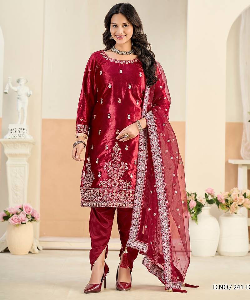 Red velvet sequins work salwar suits free size up to 42