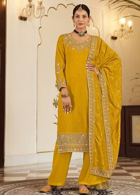 Yellow art silk stone work semi stitched salwar suits suits size up to 42 1