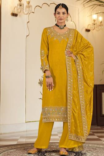 Yellow art silk stone work semi stitched salwar suits suits size up to 42