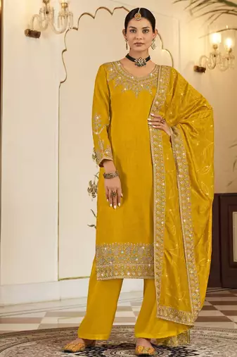 Yellow art silk stone work semi stitched salwar suits suits size up to 42