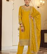Yellow art silk stone work semi stitched salwar suits suits size up to 42