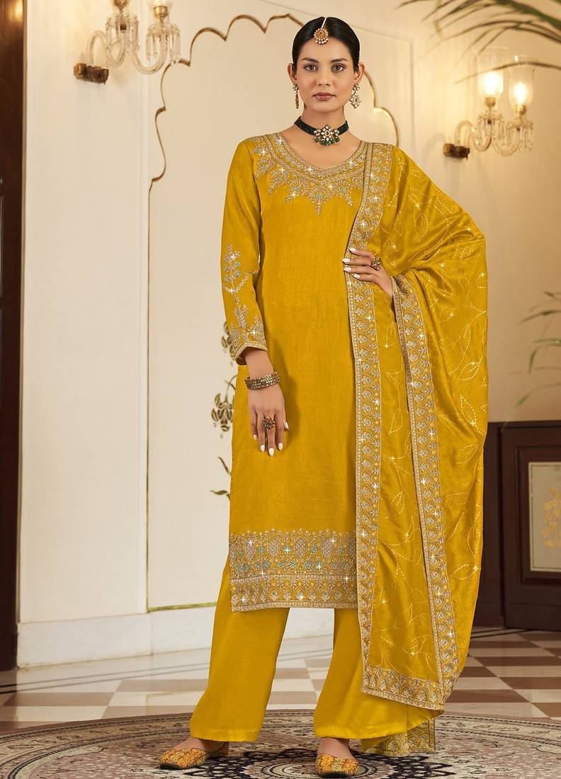 Yellow art silk stone work semi stitched salwar suits suits size up to 42