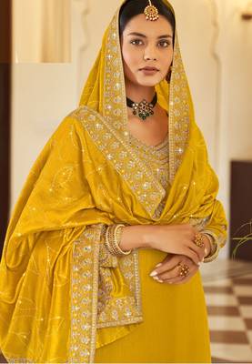 Yellow art silk stone work semi stitched salwar suits suits size up to 42 2