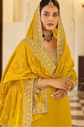 Yellow art silk stone work semi stitched salwar suits suits size up to 42