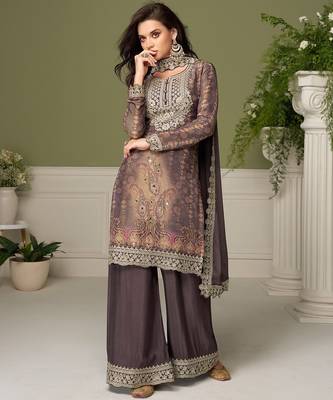 Grey chiffon sequins work salwar suits free size up to 42 1