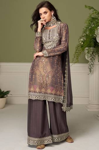 Grey chiffon sequins work salwar suits free size up to 42
