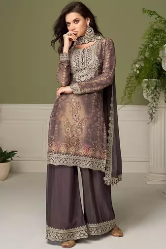 Grey chiffon sequins work salwar suits free size up to 42