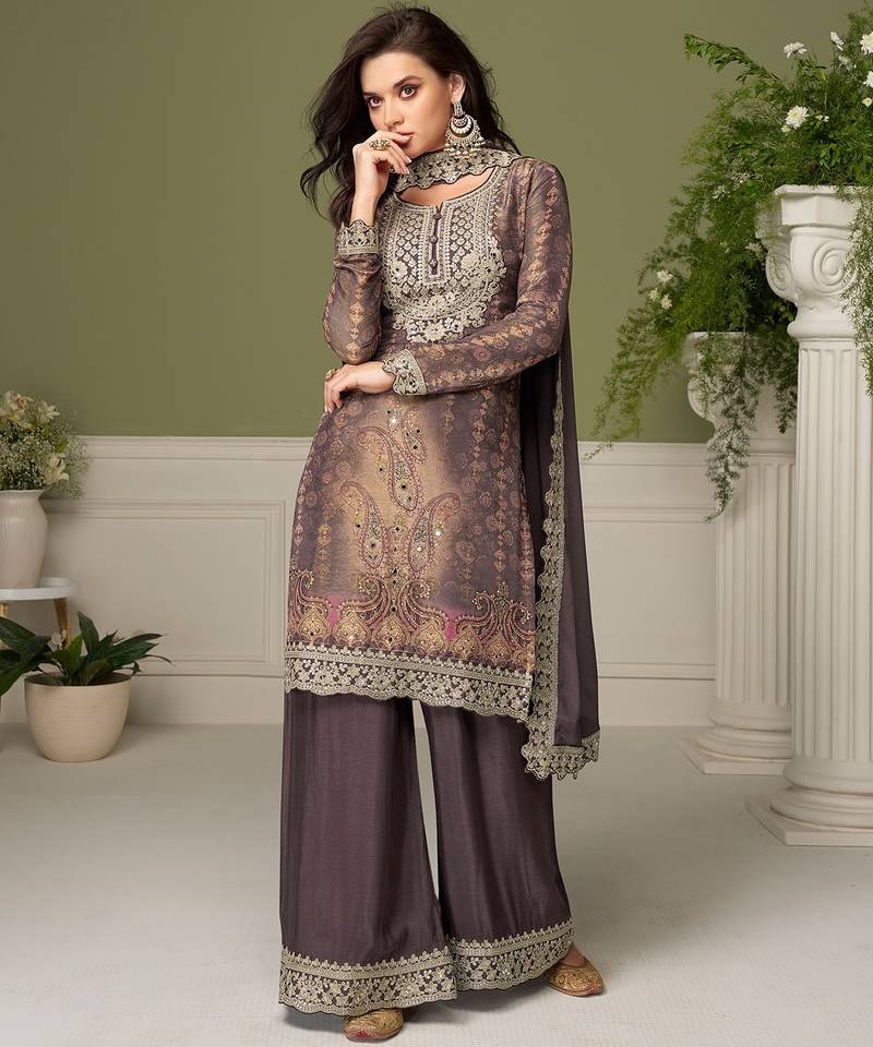 Grey chiffon sequins work salwar suits free size up to 42