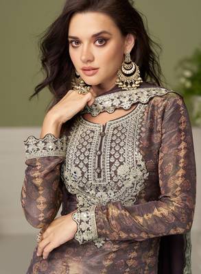 Grey chiffon sequins work salwar suits free size up to 42 2