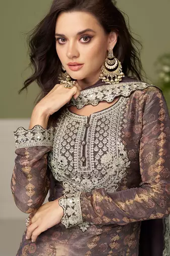 Grey chiffon sequins work salwar suits free size up to 42