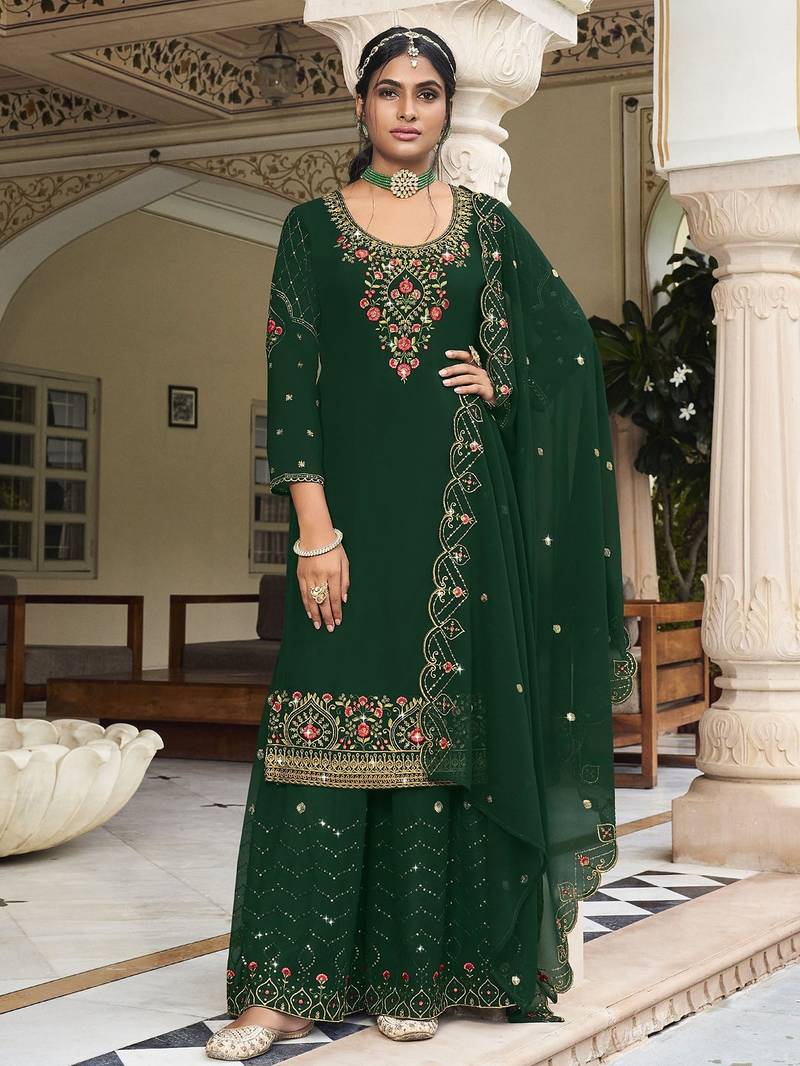 Green georgette sequins work semi stitched salwar suits suits size up to 42