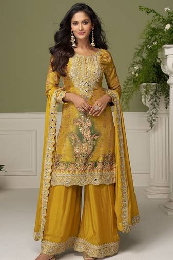 Mustard chiffon sequins work salwar suits free size up to 42