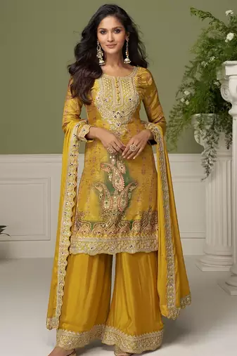 Mustard chiffon sequins work salwar suits free size up to 42