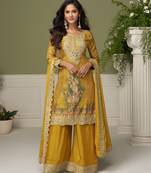 Mustard chiffon sequins work salwar suits free size up to 42