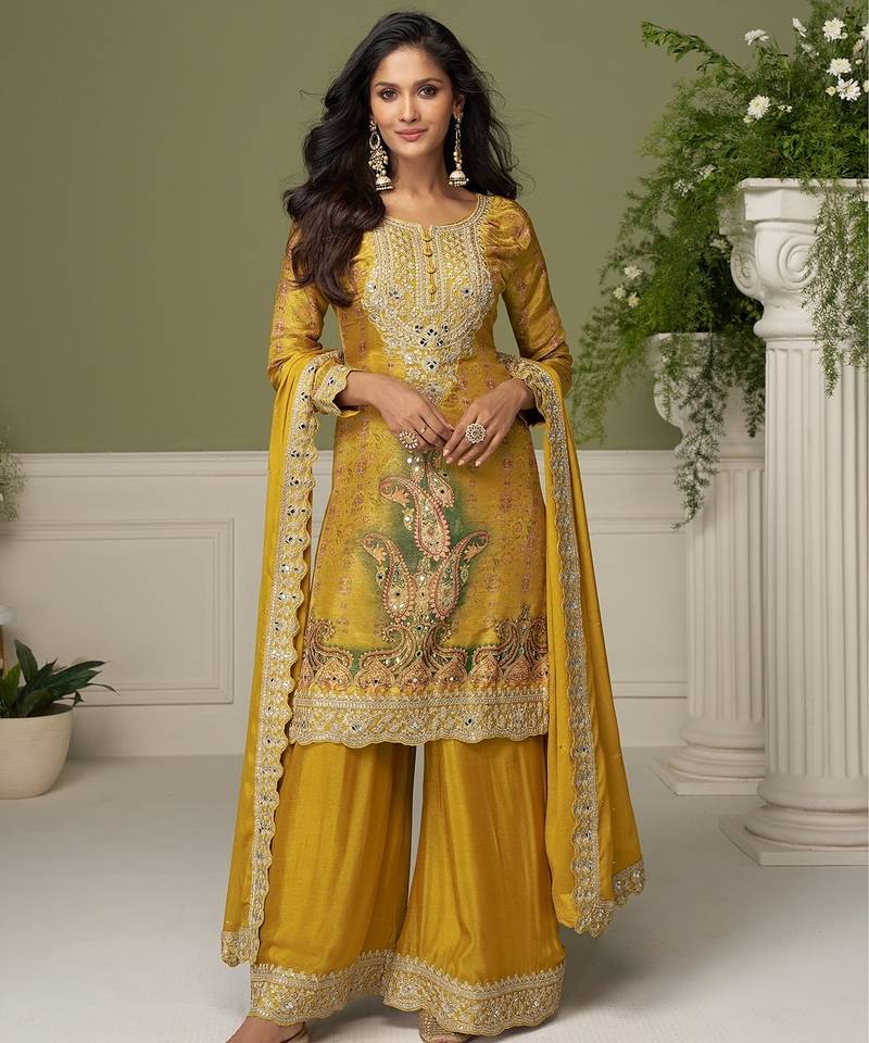 Mustard chiffon sequins work salwar suits free size up to 42
