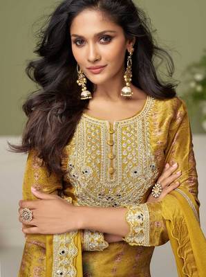 Mustard chiffon sequins work salwar suits free size up to 42 2