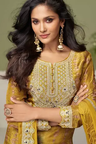 Mustard chiffon sequins work salwar suits free size up to 42