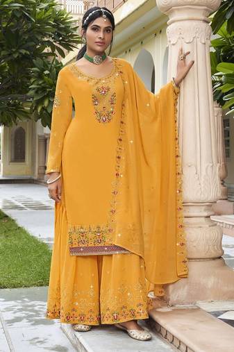 Mustard georgette sequins work semi stitched salwar suits suits size up to 42
