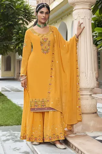 Mustard georgette sequins work semi stitched salwar suits suits size up to 42