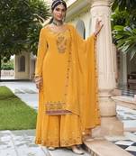 Mustard georgette sequins work semi stitched salwar suits suits size up to 42