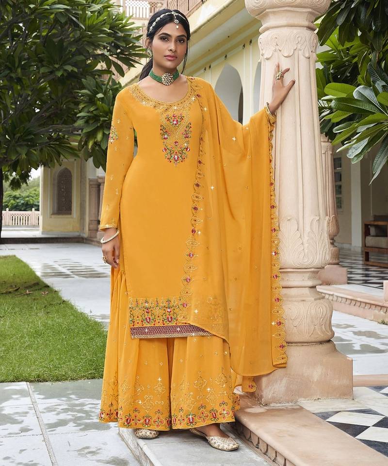 Mustard georgette sequins work semi stitched salwar suits suits size up to 42