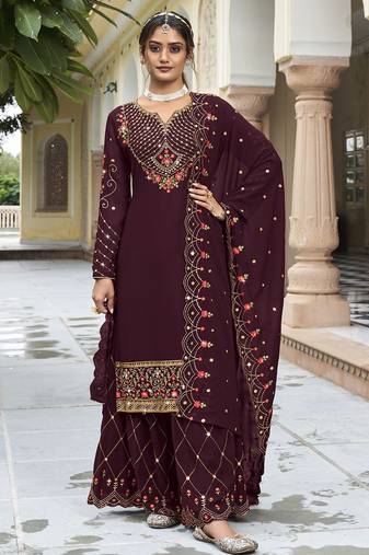Wine georgette sequins work semi stitched salwar suits suits size up to 42