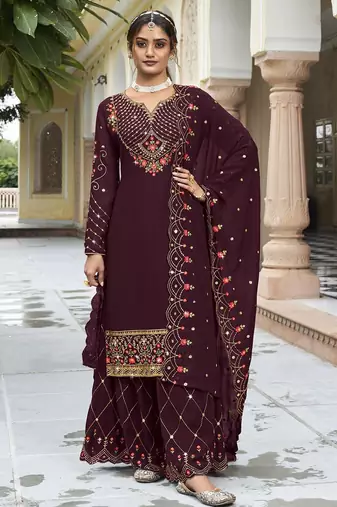 Wine georgette sequins work semi stitched salwar suits suits size up to 42