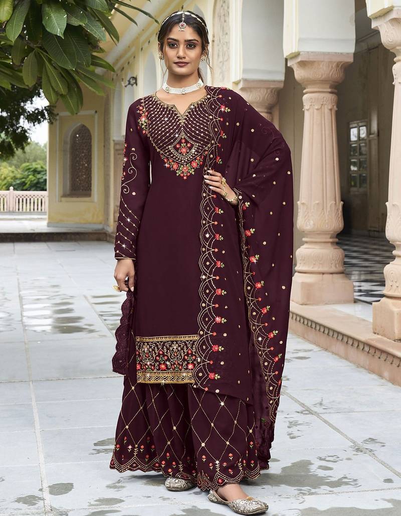 Wine georgette sequins work semi stitched salwar suits suits size up to 42
