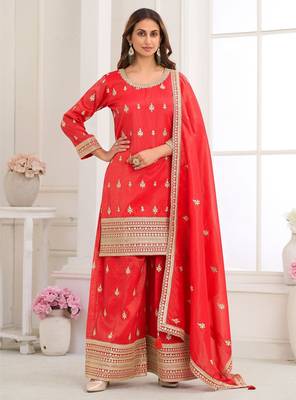 Red silk blend sequins work salwar suits free size up to 42 1